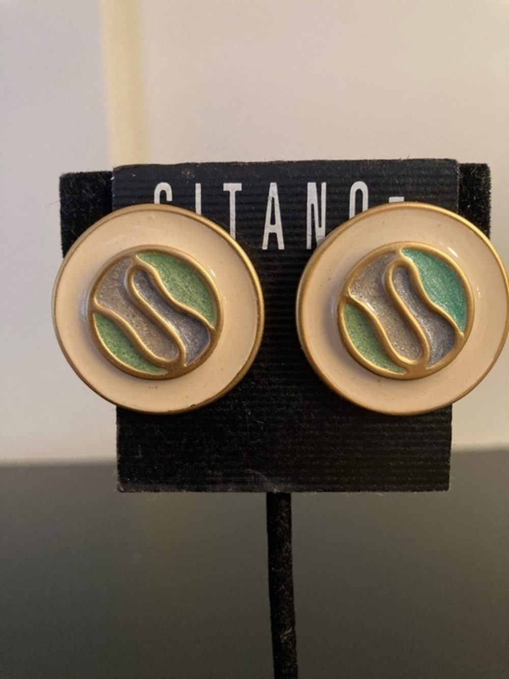 Gitano Cream & Green Enamel Round  Earrings